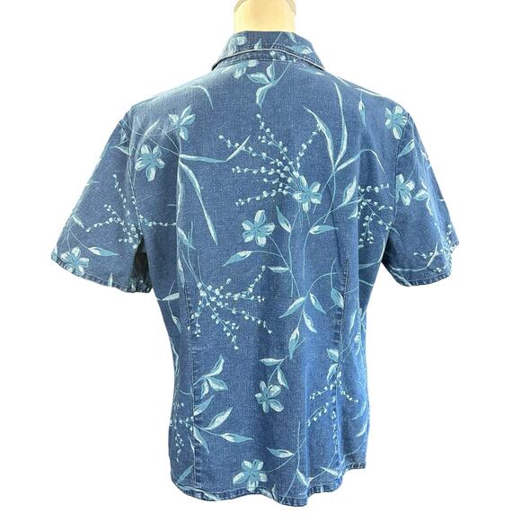 Requirements Shirt Women Sz XL Blue Floral Nautical Linen Blend Coastal Snap Top - Picture 3 of 11